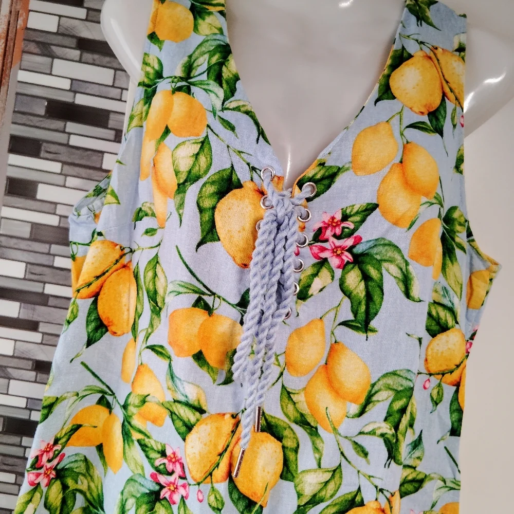 For Cynthia Blue/Lemon Linen Sleeveless Shift Dress Lace Up Tie SZ M - Picture 2 of 3